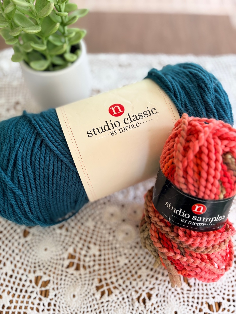 2 Yarn Skeins Studio Classic and Studio Sample by Nicole Teal & Coral blend